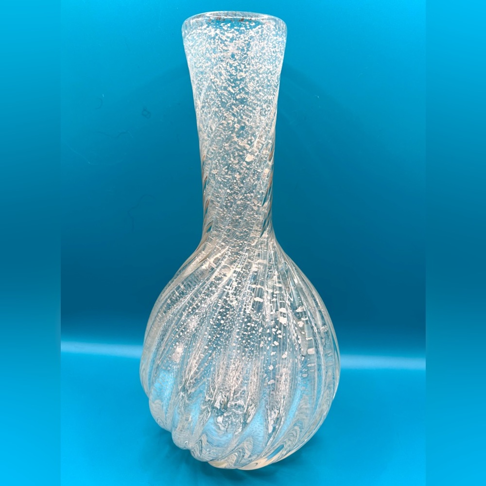 Mikasa by Kurata Handcrafted Swirl Crystal Glass White Bud Vase w/ Silver Flakes